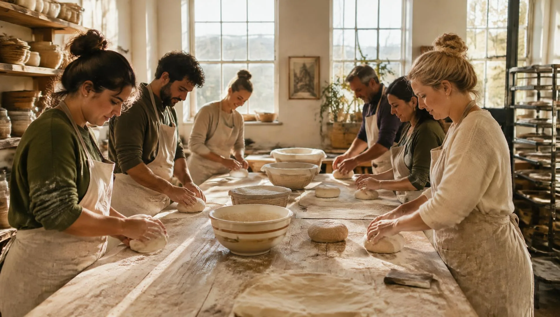 Bakers working dough together around a flour-dusted table