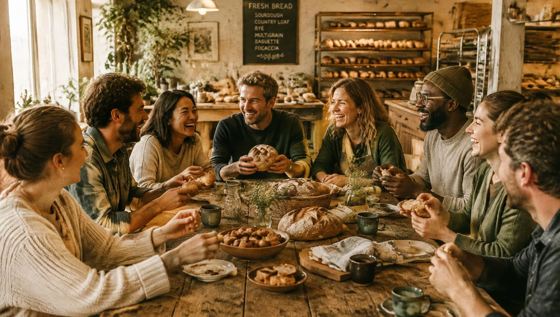 A group sharing freshly baked bread around a long table